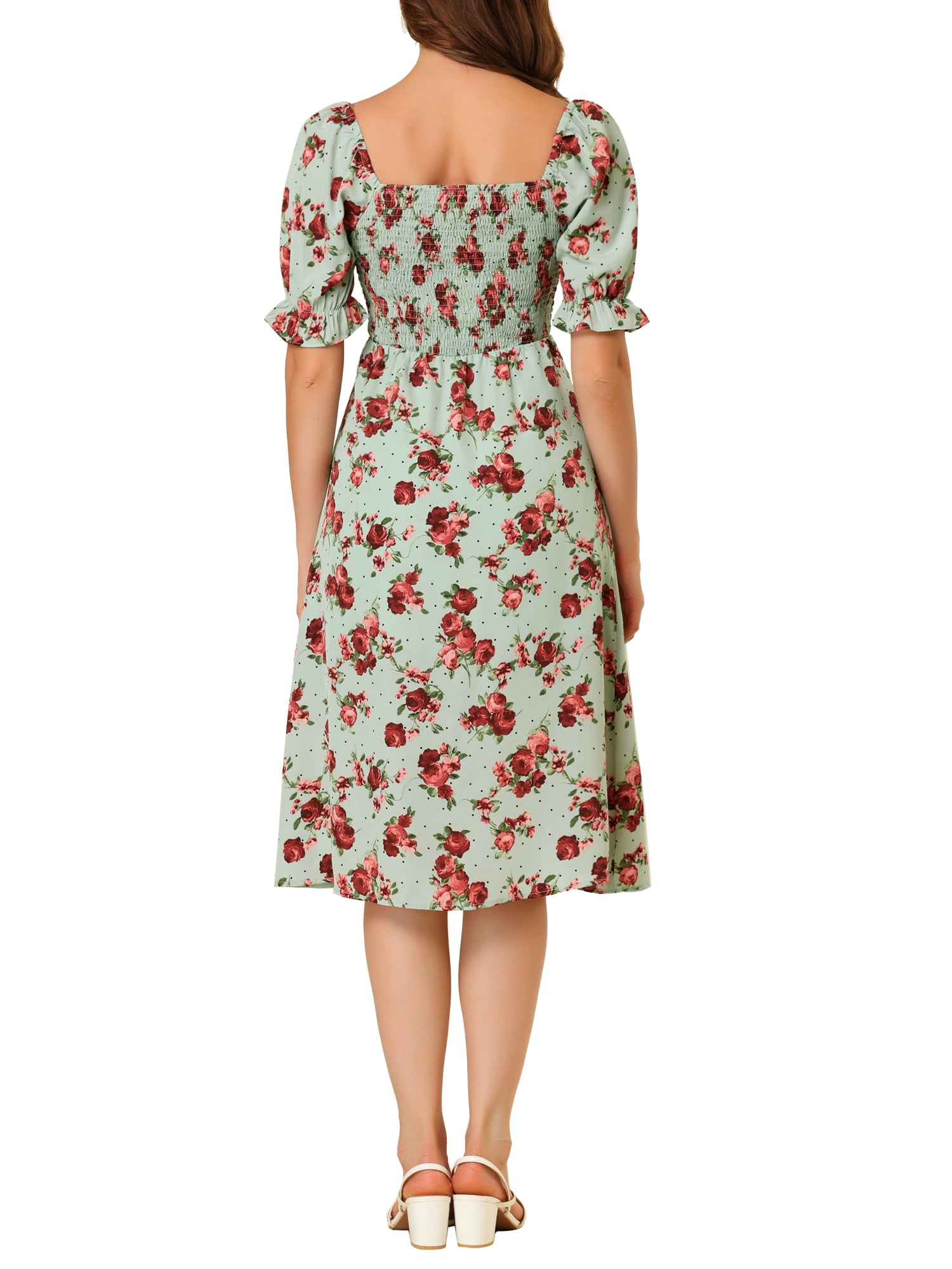 DARING DIVA Square Neck Puff Sleeves Smocked Waist Midi Floral Dres S Green
