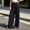 thumbnail image 5 of Karymi Jeans for Women Solid High Waist Pleated Wide Leg Pants, Elastic Back Waist Casual Suit Trousers, Loose Flowy Yoga Palazzo Pants, 5 of 9
