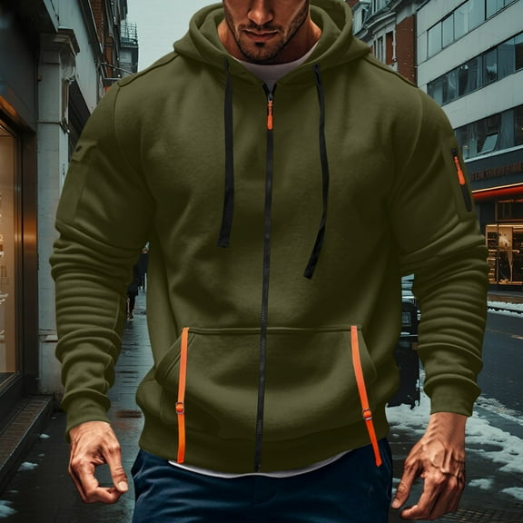 Dwelliawo Cargo Hoodies for Men Tactical Sweatshirts Zip Up Cargo Pullover Winter Fashion Workout Sweatshirts with Pocket Army Green L