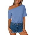 thumbnail image 3 of ZHYou Off Shoulder Oversized Tshirts for Women Short Sleeve Basic Tee Casual Summer Pullover Lightweight Tops Blue XL, 3 of 6