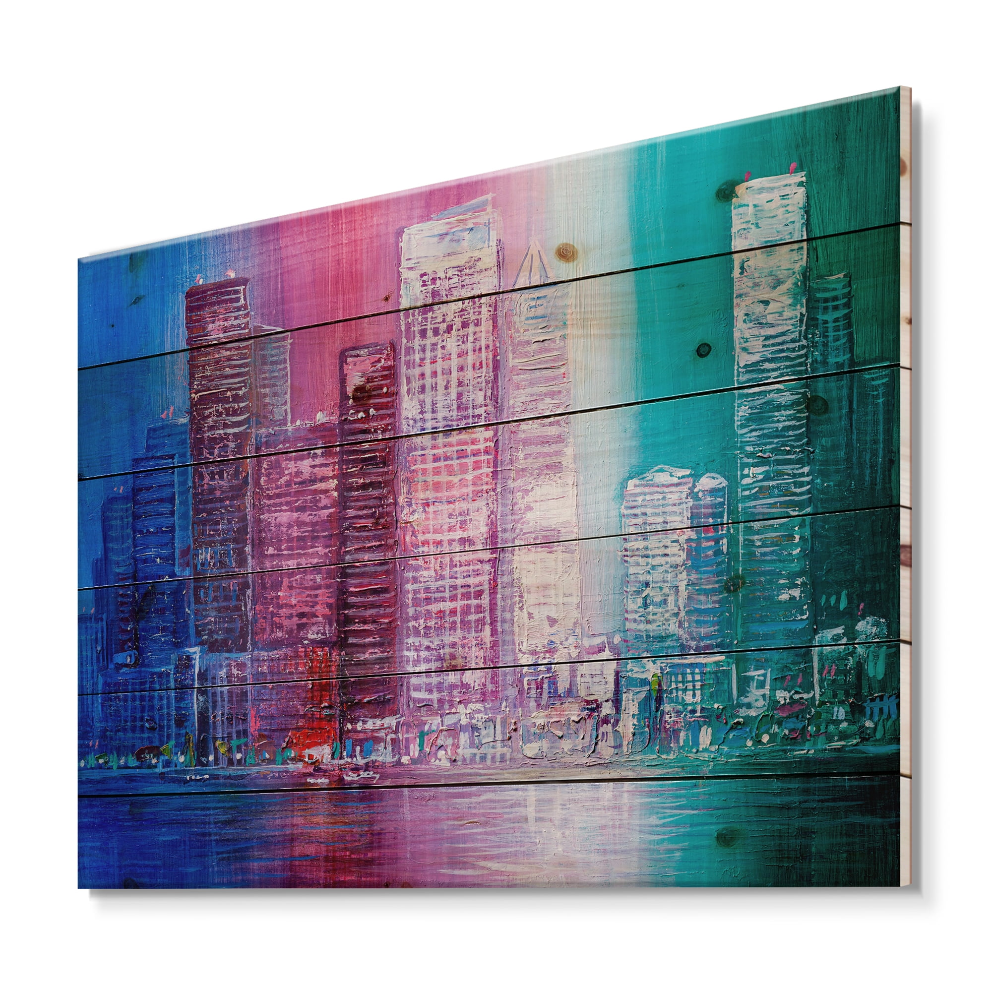 Designart 'Abstract Style Cityscape Panorama Skyscrapers II' Modern Print on Natural Pine Wood