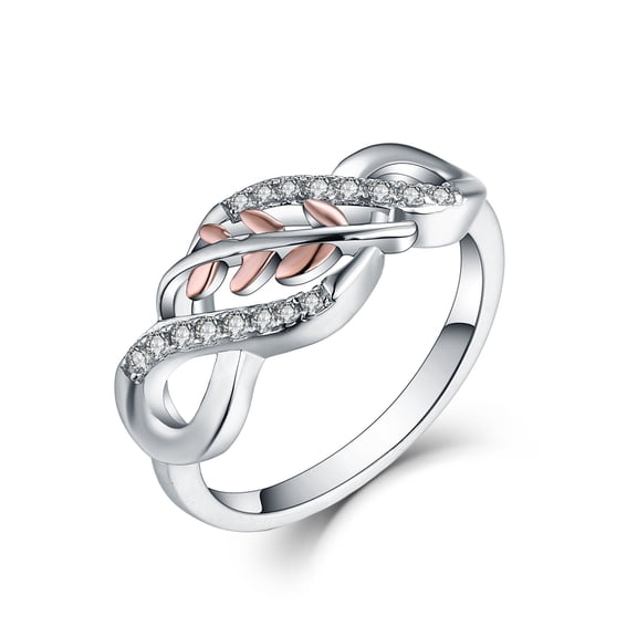 JO WISDOM 925 Sterling Silver Cubic Zirconia Rose Gold Leaf Infinity Knot Ring