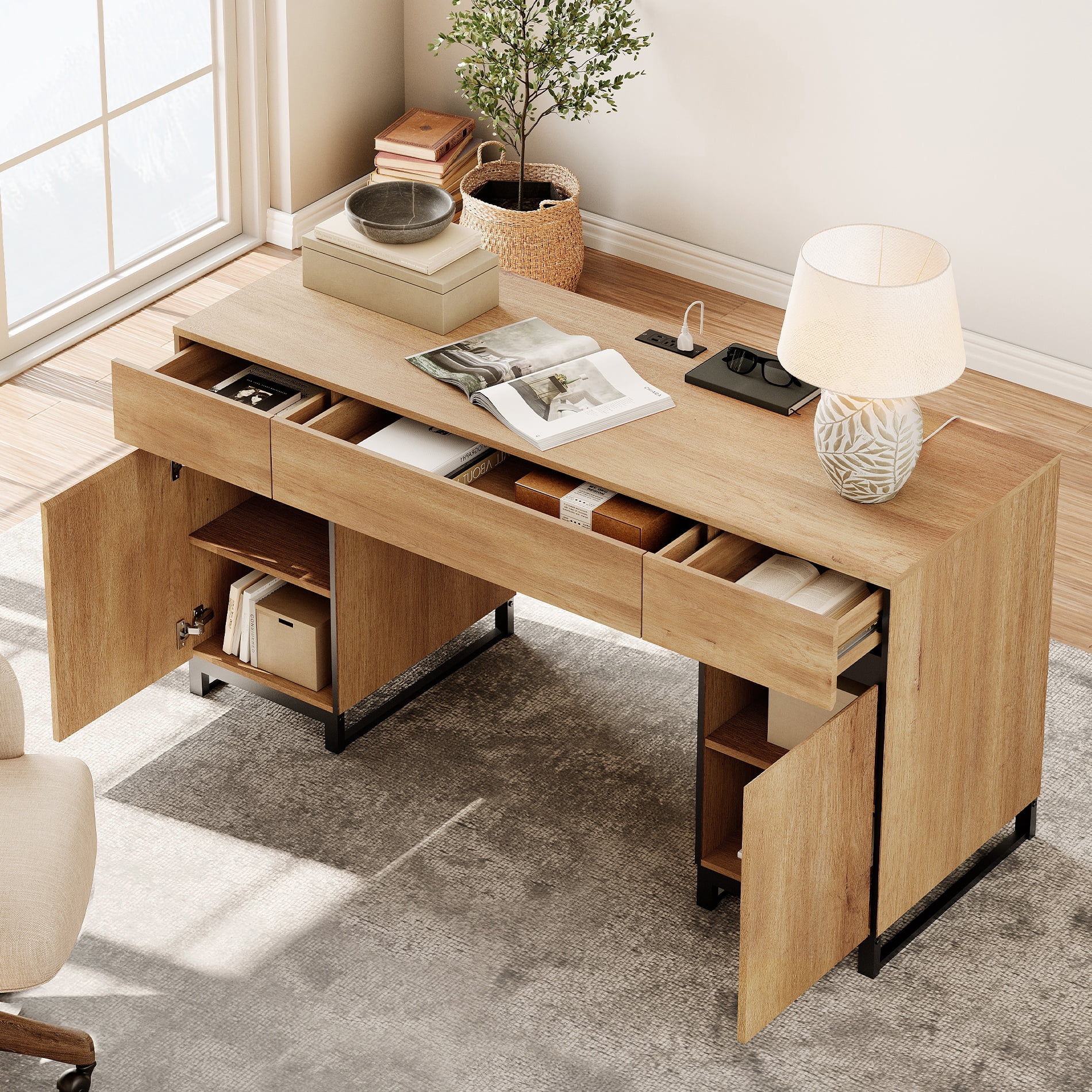 WAMPAT Home Office Set: 59" Modern Desk with Charging Station and Storage Cabinet, 72" Tall Bookcases with Adjustable Shelves, Wood Computer Desk and Library Storage Cabinet for Work Study, Oak