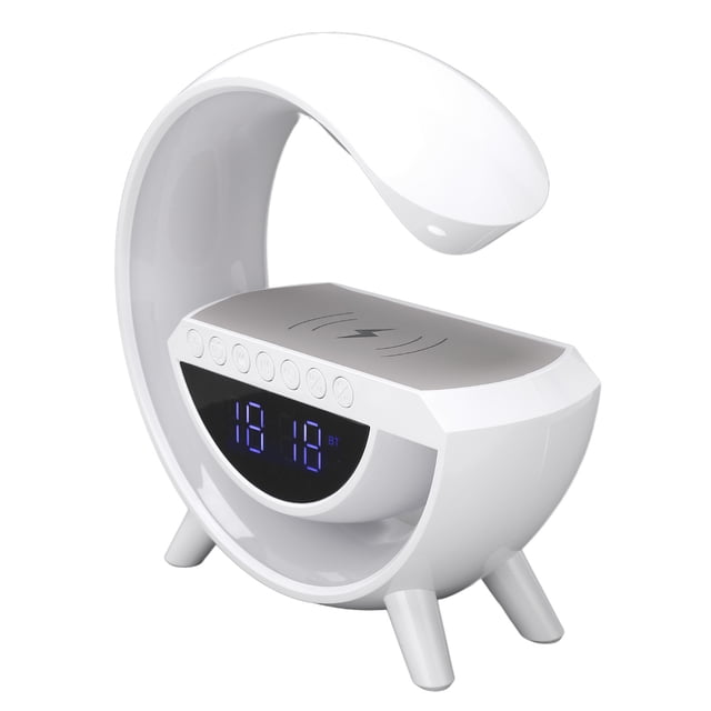 M Buder Altavoz Bluetooth con Reloj Despertador Digital Carga Inalámbrica Rápida de 15W Luz LED Ambiente Radio FM Versátil para Dormitorio Sala de Estar Oficina Tamaño 23.8 cm Blanco