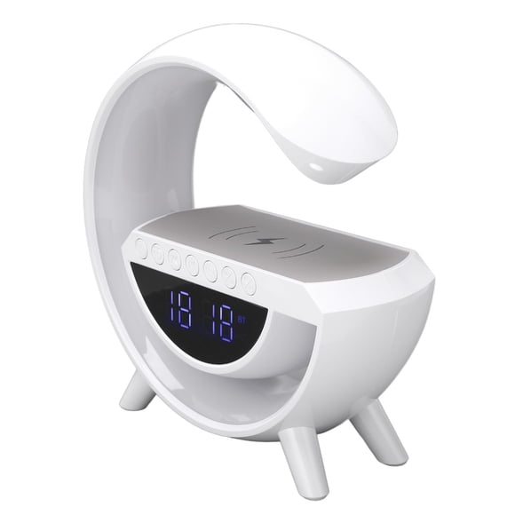 M Buder Altavoz Bluetooth con Reloj Despertador Digital Carga Inalámbrica Rápida de 15W Luz LED Ambiente Radio FM Versátil para Dormitorio Sala de Estar Oficina Tamaño 23.8 cm Blanco