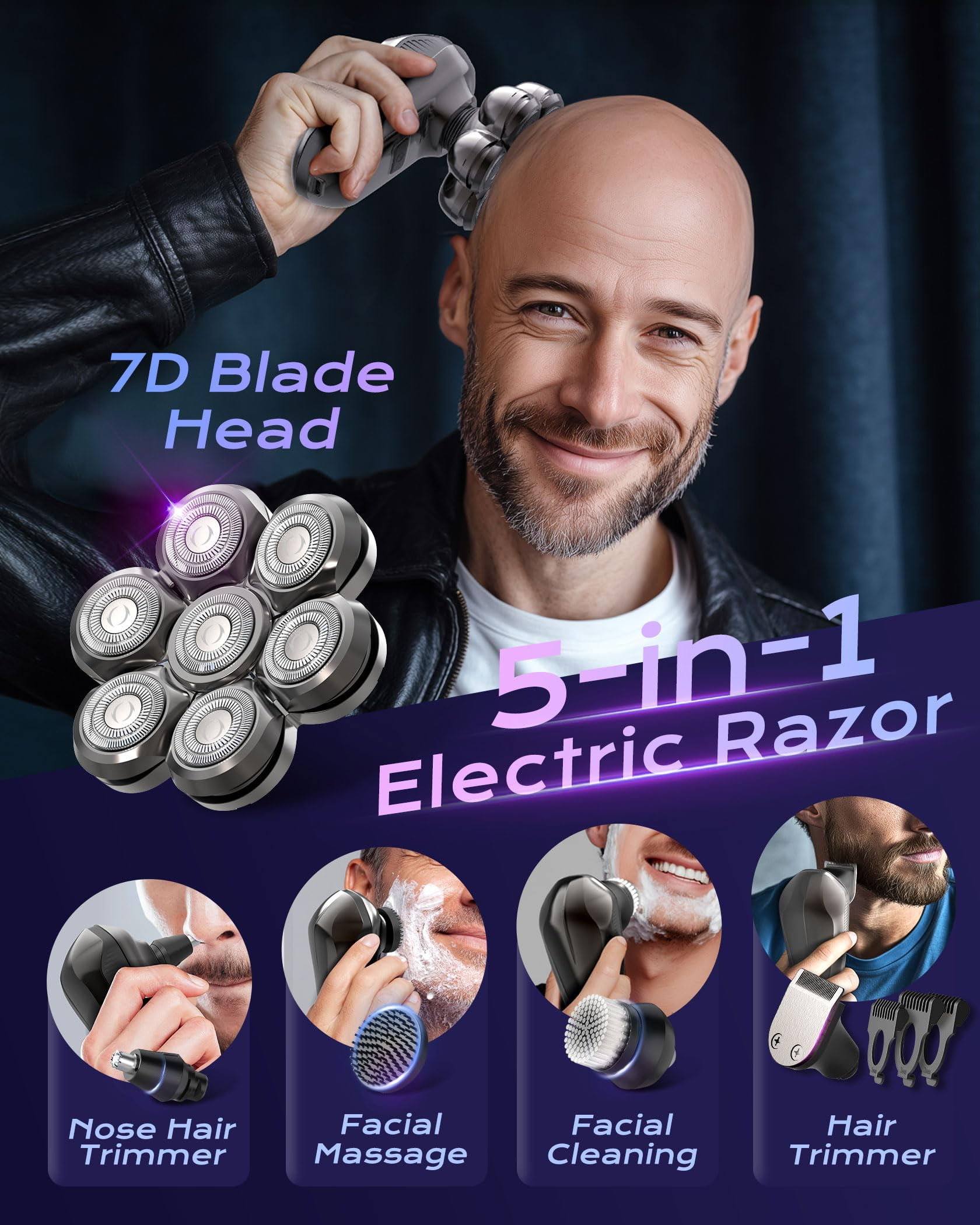 7D Head Shavers for Bald Men, Detachable Head Shaver LED Display Dry Wet Bald Head Razor, IPX7 Waterproof Head Shavers with Type-C Charge