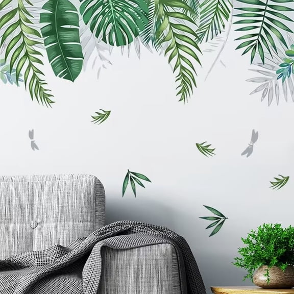 Green Tropical Palm Tree Leaves Wall Stickers, KALYLOC Waterproof Tropical Green Leaf Plants Wall Decal, Peel and Stick Nature Jungle Wall Decor for Living Room Bedroom Door Decoration