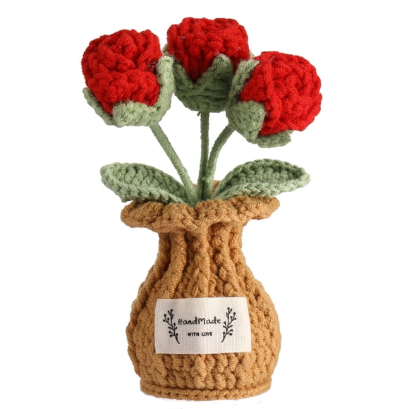 Planta en maceta con rosas hechas a ganchillo, Yoojee, color rojo, regalo de San Valentín