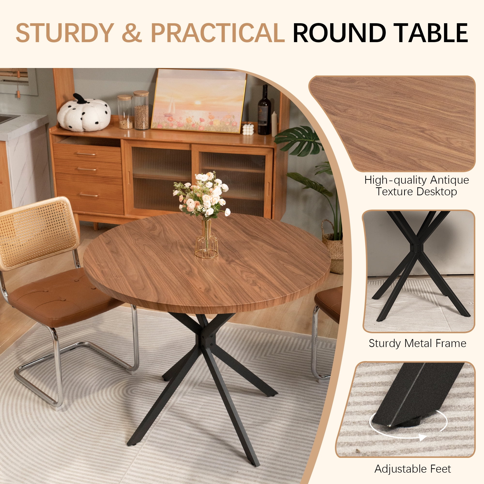 Cvortll Round Dining Table for 4 People, 39 inch Modern Round Dining Table with Metal Legs, Kitchen Dinner Table for Living Room, Dining Room