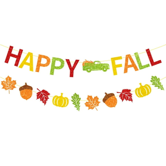 Glitter Happy Fall Banner with Pumpkin Truck Signs and Colorful Glittery Maple Leaves Pumpkin Acorns Banner Autumn Harvest Garland Banner Fall Thanksgiving Party Fireplace Mantle Decorations Supplies