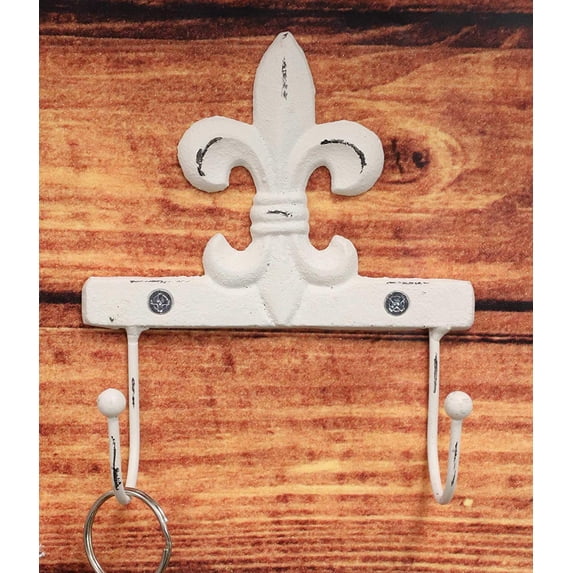 Ebros Gift 5.75" Tall Cast Iron Rustic Vintage Distressed White Fleur De Lis Emblem with 2 Peg Hooks Decorative Wall Hook Southwestern Hangers Accent for Keys Leashes Coats Hats (1)