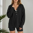 thumbnail image 2 of Arlun Womens Fashion 2025 Oversized Long Sleeve Hoodies Button up V-Neck Hooded Sweatshirts Trendy Side Slit Solid Color Casual Ribbing Pullover Tops Black S, 2 of 7