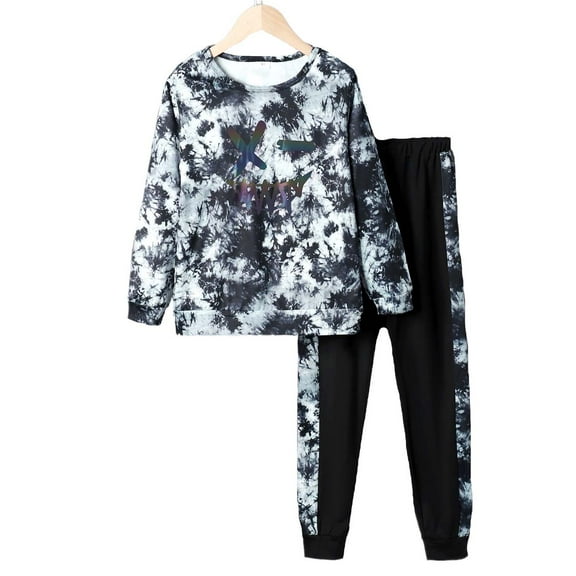 Kucnuzki 10T Little Boy Winter Outfits Pants Sets Long Sleeve Casual Stylish Tie-Dye Sweatshirt Elastic Pants 2PCS Set Black