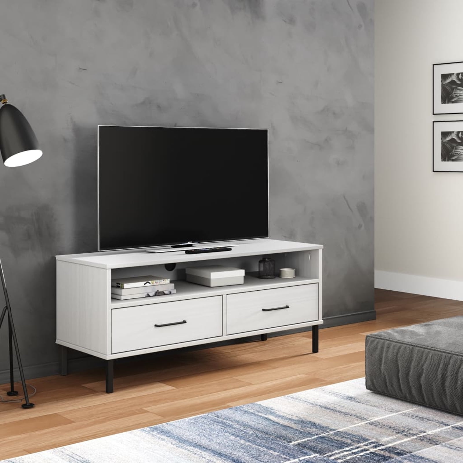 Tomshoo TV with Metal Legs White Solid Wood Pine OSLO