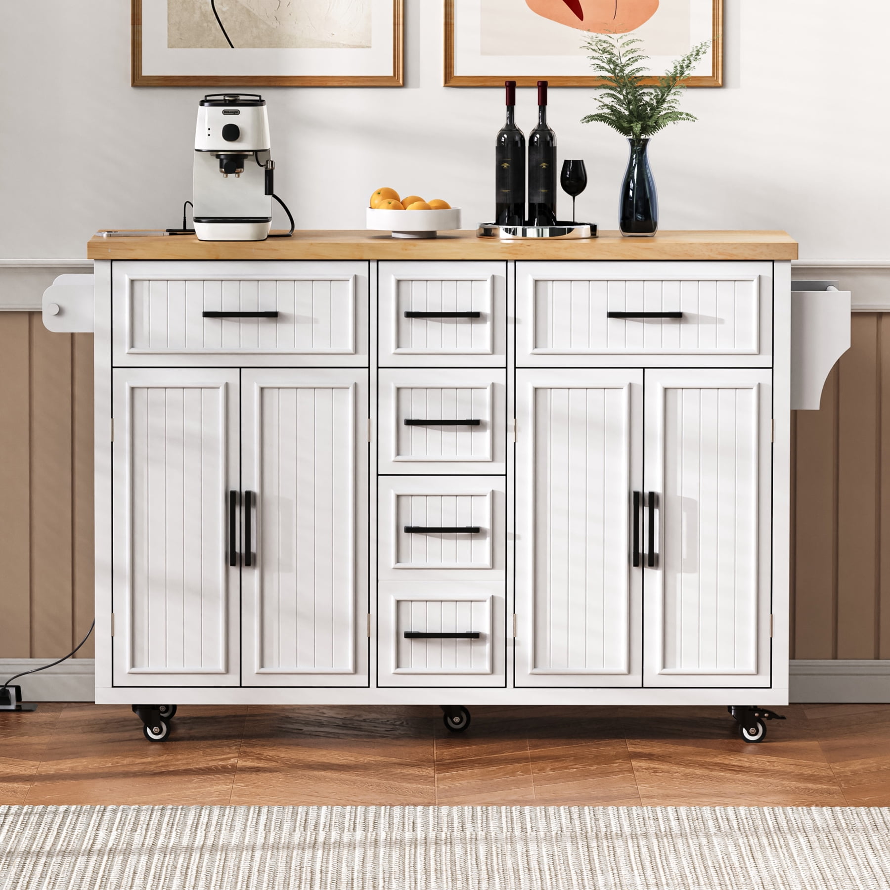 Harper & Bright Designs Kitchen Island with Drop Leaf, Rolling Kitchen Cart on Wheels with Doors, Drawers and Power Outlet for Dining Room, White