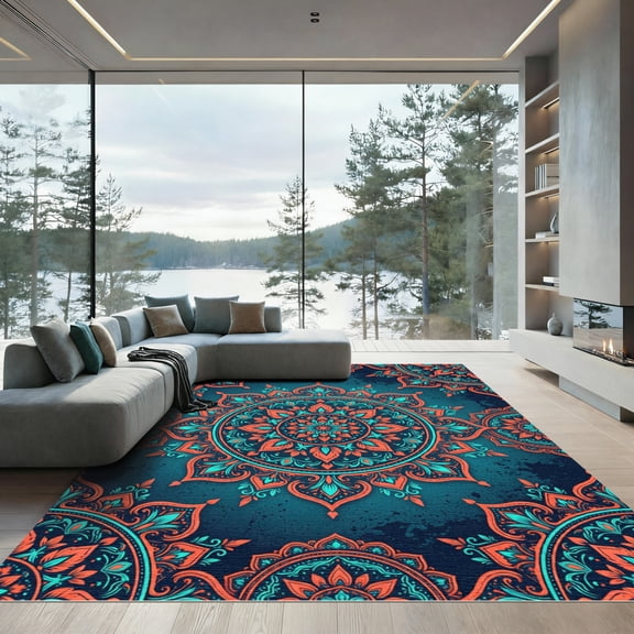 ODIKA 4' x 6' Machine Washable Non-Slip Area Rug, bohemian geometric High Traffic Rug, Blue, 1163519