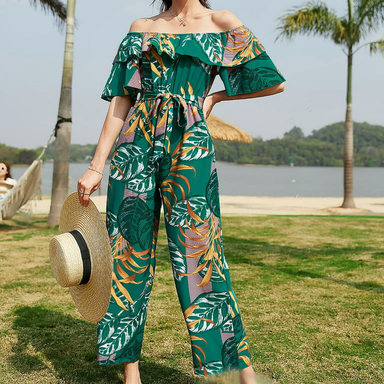 Off Shoulder Jumpsuit for Women Floral Printed Wide Leg Rompers Overalls  Winter Tie Waist Ankle Beach Outfits Pants