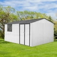 thumbnail image 2 of 10x12 Ft Metal Outdoor Storage Shed with Window & Vents, Waterproof Garden Tool Shed with Hinged Door Lock, Built-In Hooks for Backyard Lawn Equipment Organization, Grey+White, 2 of 6