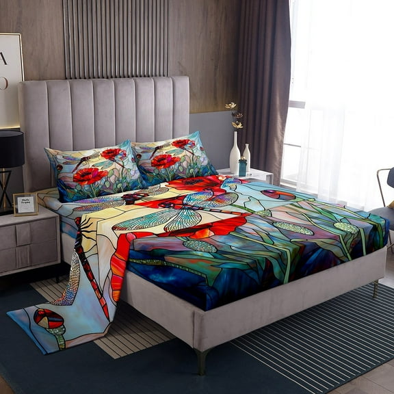Red Poppy Bed Sheet Set Twin Size,Rustic Garden Red Flowers Dragonfly Sheet Set,Artistic Stained Glass Style Patchwork Bedding Set with 1 Flat & 1 Fitted Sheet with 1 Pillow Sham