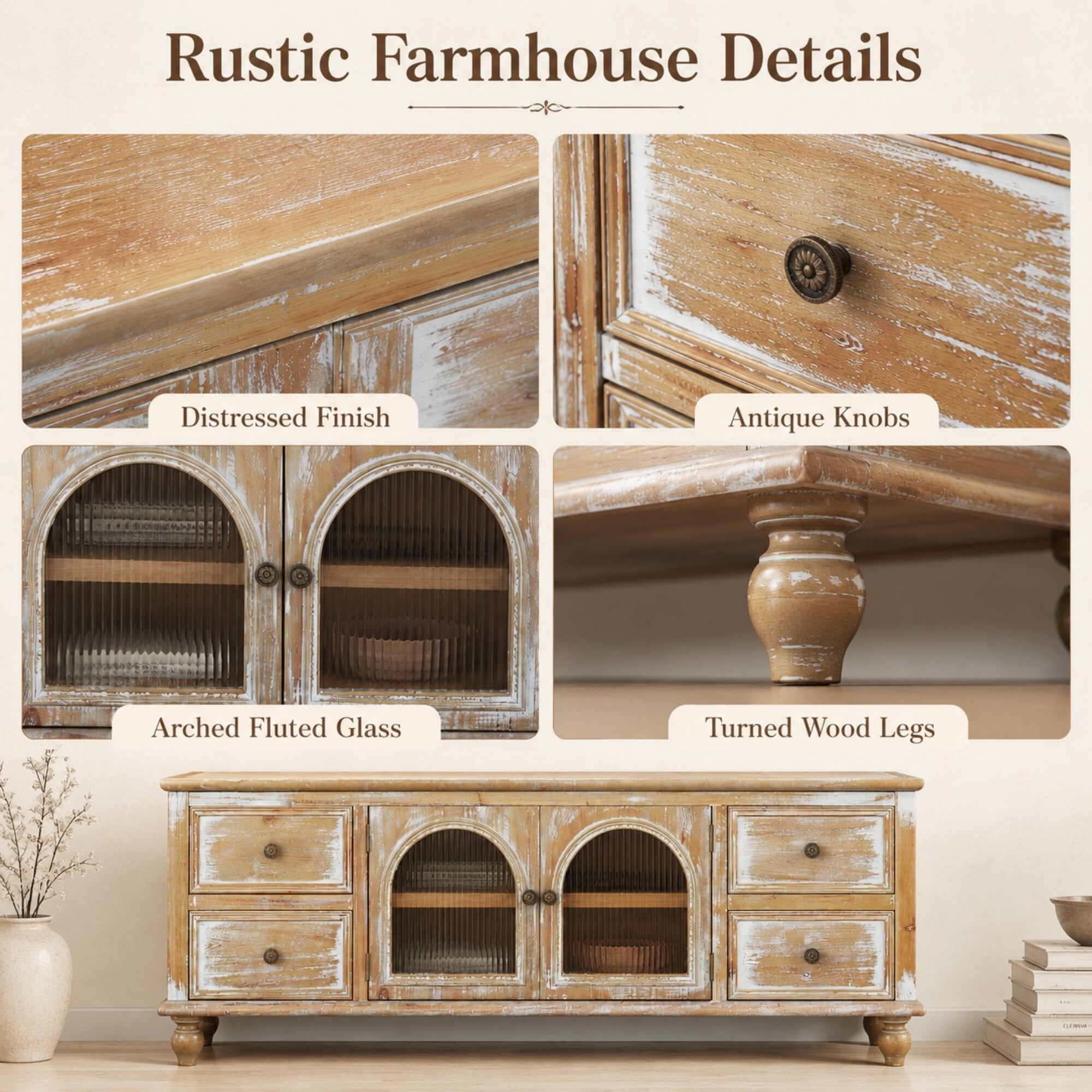 DEALTOPS 60 Inch Farmhouse TV Stand with 4 Drawers & 2 Glass Doors, Rustic Media Console – Natural Oak