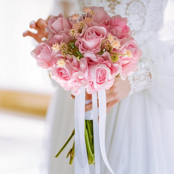 HCBY Artificial Rose Hydrangea Flowers Bouquet Faux Silk Rose Flowers Bouquet for Bride Bridesmaid Centerpieces Floral Arrangement Home Decoration (Pink 9.8"x5.6")