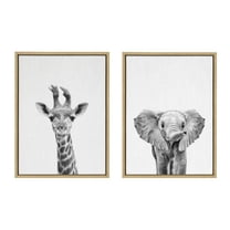 Kate and Laurel Sylvie Baby Giraffe and Elephant Framed Canvas Wall Art Set by Simon Te of Tai Prints, 2 piece 18x24 Natural, Modern Nature Animals Art for Wall Home Decor