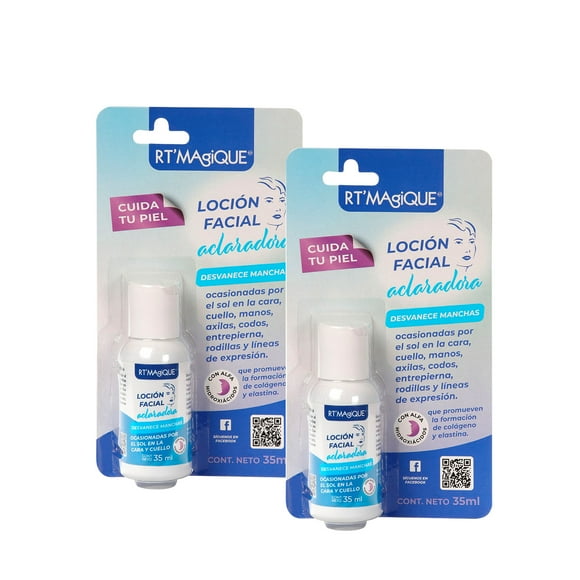 Loción Aclarante 2 piezas | RT MAGIQUE | Despigmentante facial con Ácido Láctico y Glicólico | Quita manchas para piel por Sol y Acné