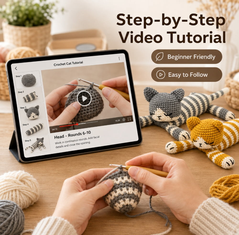2 Pack Sleeping Cat Crochet Kit for Beginners, Cat Amigurumi Starter Set with Step by Step Video Tutorial, TIKA