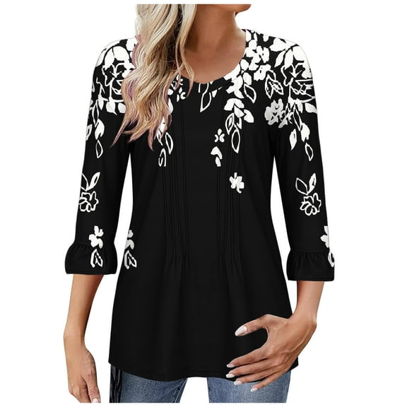 Ruimatai Women's 3/4 Bell Sleeve Top Floral Print Pleated V-Neck Loose Blouse Casual Ruffle Dress Shirt Stylish Comfortable Summer Spring