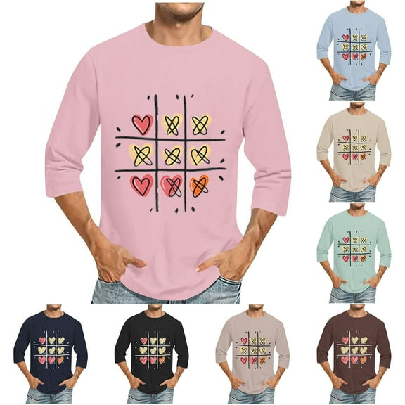 Jinhomg Mens Thin Holiday Tops Novelty Funny Valentine's Day Love Heart Tees Big and Tall Comfy 3/4 Sleeve Crew Neck T-Shirt Dating Wear Beige L