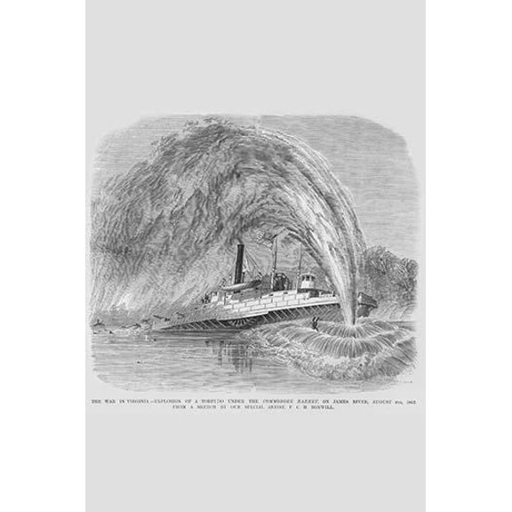 Torpedo Explodes under the Commodore Barney on the James River-Fine Art Canvas Print (20" x 30")