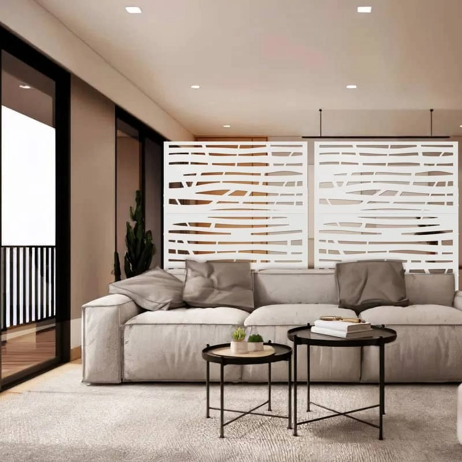 MAYEERTY 72*47" Outdoor White Metal Freestanding Panel Screen for Patio, Jungle Pattern