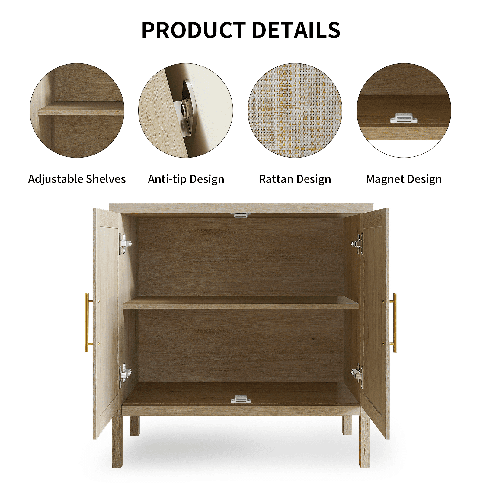 RichYa Modern Rattan Sideboard Buffet Cabinet with Shelves,Kitchen Storage Cabinet for Living Room,Entryway,Natural