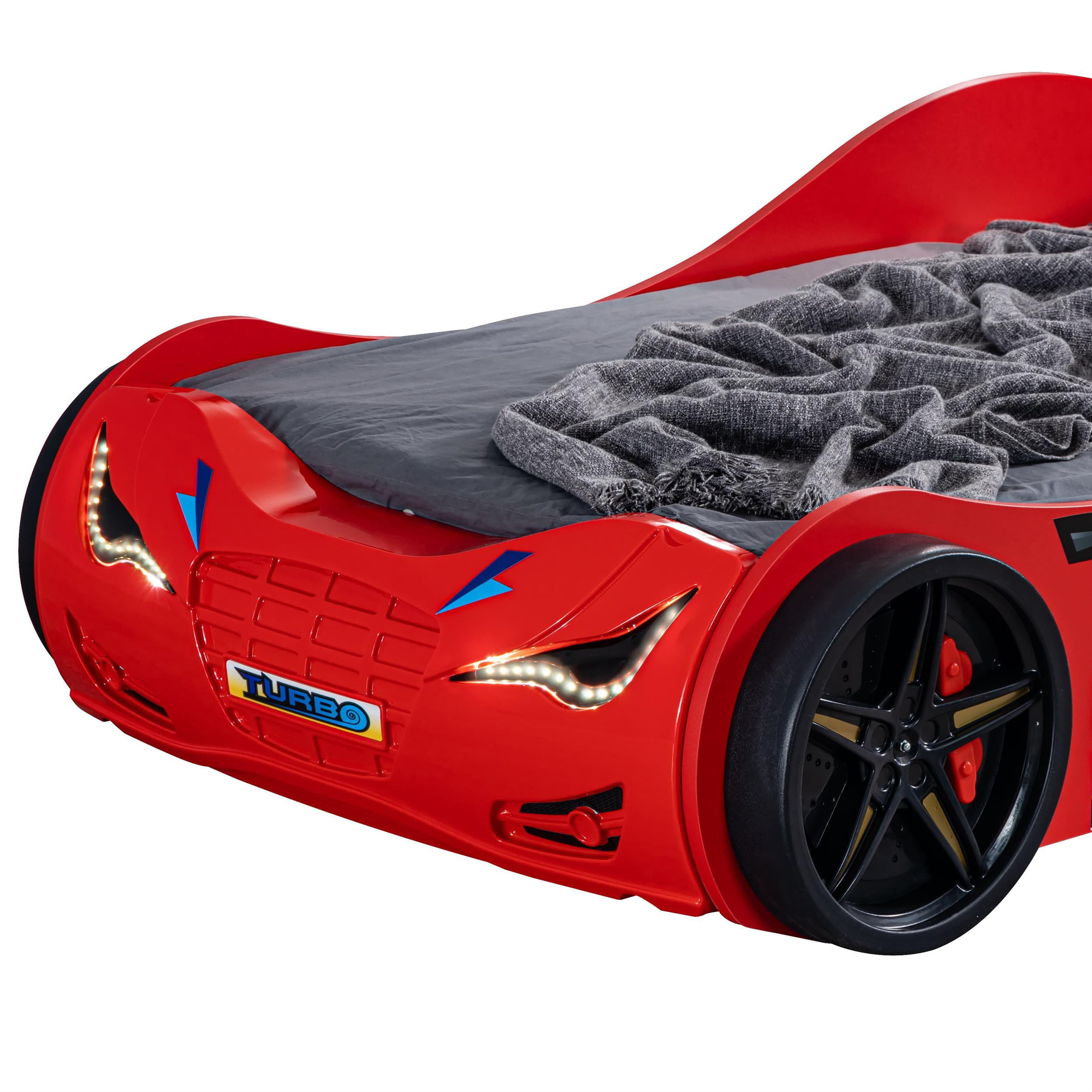 Furniture of America Jorix Wood Race Car Design Twin Kid Bed with LED in Red