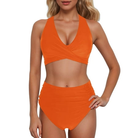 JIANJIA Womens Swimsuits Sexy Solid Color Lace Up Halter Bandage Push Up Vintage Bra And Panty Set Two Piece Tankinis Swimwears Activewear Orange L