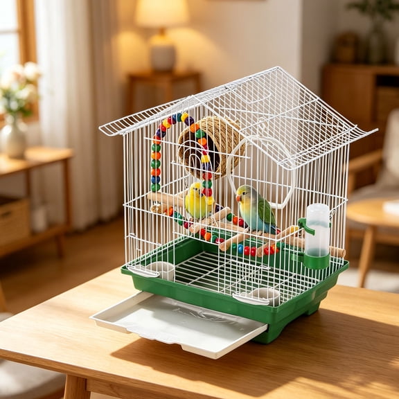 Pinbtre Bird Carrier Cage 11 in Metal Portable Travel Birdcage with Handle, Perches, Slide-out Tray, Feeder Cups, Nest, Ladder, Swing for Small Parrots Conures Finches