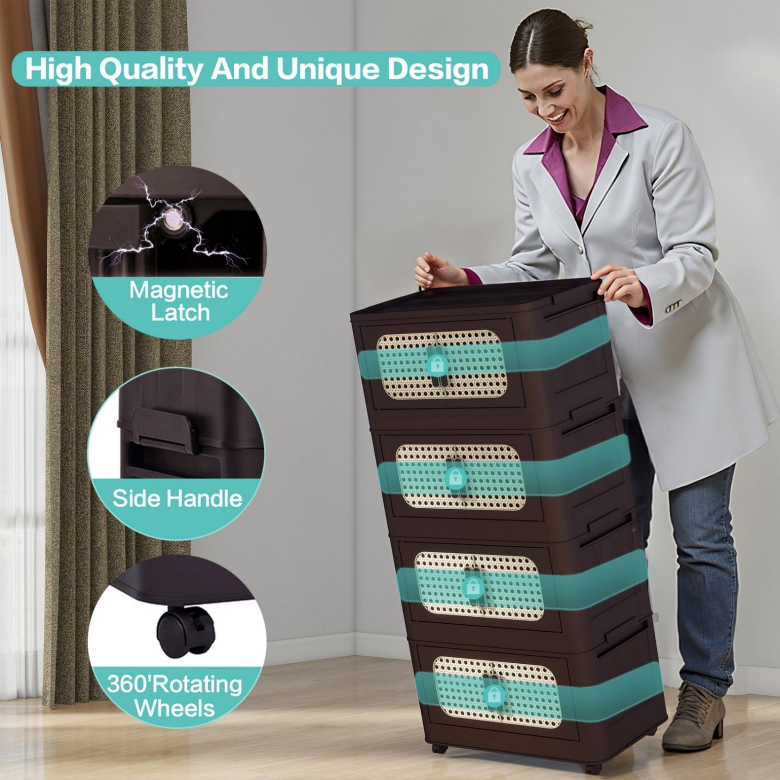 Retro Folding Storage Cabinet with Wheels, 5-Tier Collapsible Plastic Storage Organizer with Magnetic Door, Portable Wide Side Storage Cabinet for Living Room, Bedroom, Kitchen, Brown