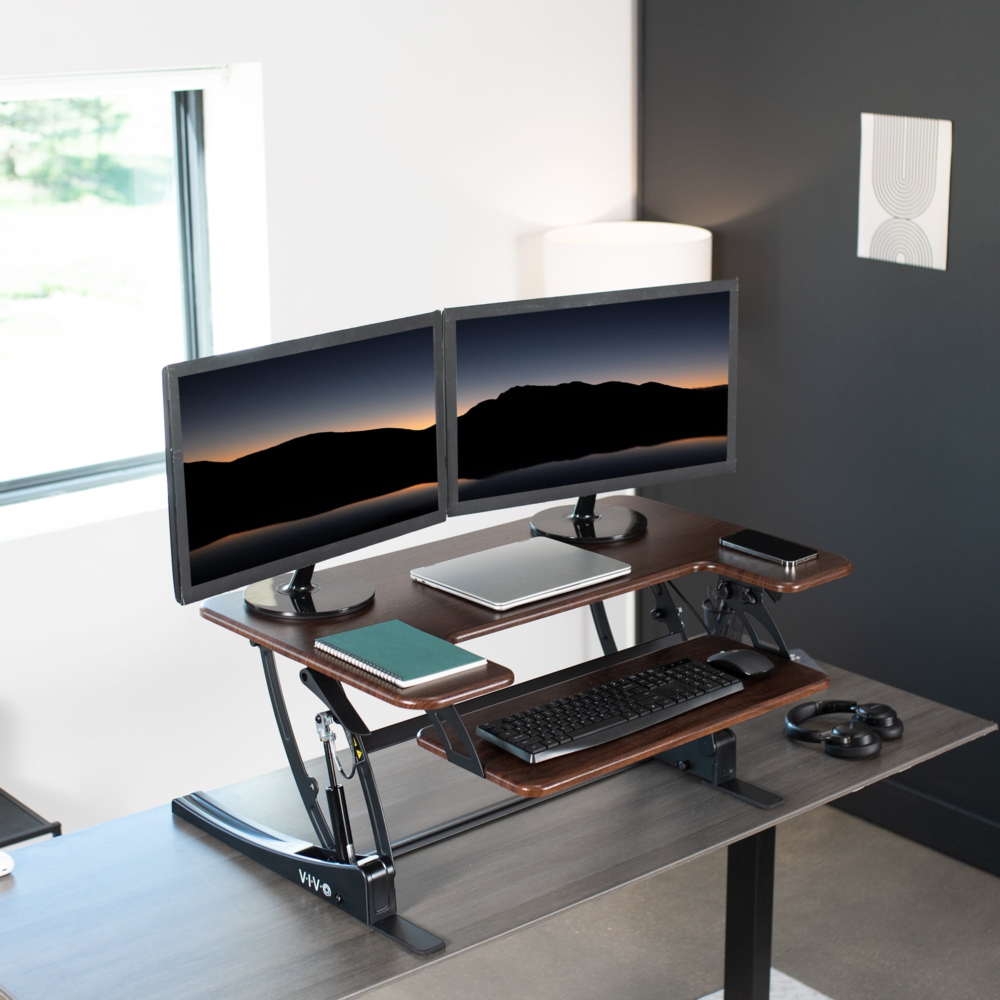 VIVO Dark Wood Height Adjustable Standing Desk Monitor Riser Tabletop Sit Stand