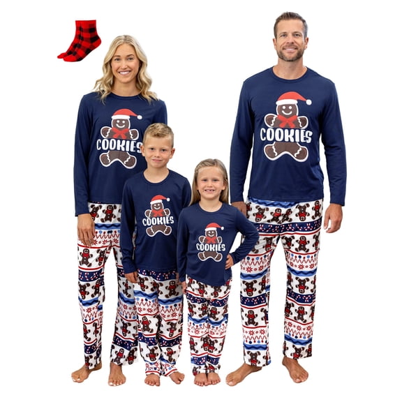 PatPat Christmas Pajamas Family Matching 2 Piece Holiday Pjs Sets with Socks Long Sleeve Women Couple Pjs with Cute Gingerbread Man Cookies Pattern, Royal Blue, M