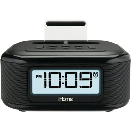iHome Stereo FM Clock Radio with Lightning Dock Charge/Play and Aux Input for iPhone 5/5S 6/6Plus 6S/6SPlus 7/7Plus, Black (Open Box - Like