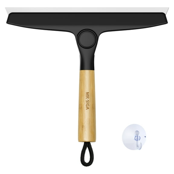 MR.SIGA All Purpose Silicone Squeegee for Shower Door, Mirror, Glass, Streak Free Shower Squeegee, Pivoting Bamboo Handle, Includes 1 Suction Hook, 10 inch Wide, Black, 1 Pack