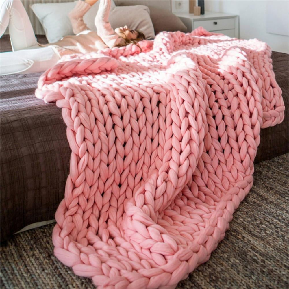 Chunky Knit Blanket Merino Wool Hand Made Throw Boho Bedroom Home Decor Giant Yarn,Beige,40x60