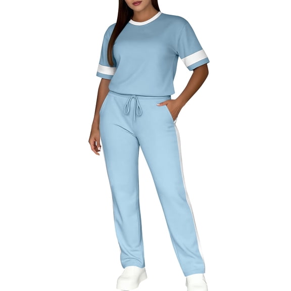 Costeam Womens Short Sleeve Contrast Trim Top and Drawstring Waist Pants Two Piece Set with Side Pockets Casual Tracksuit Loungewear