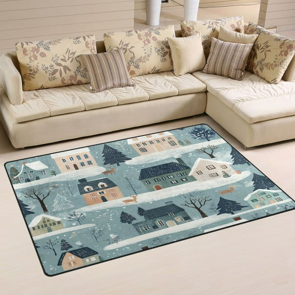 Whimsical Christmas Village Soft Polyester Area Rug 31''x20'', Non Slip, Memory Foam, Water Absorbent