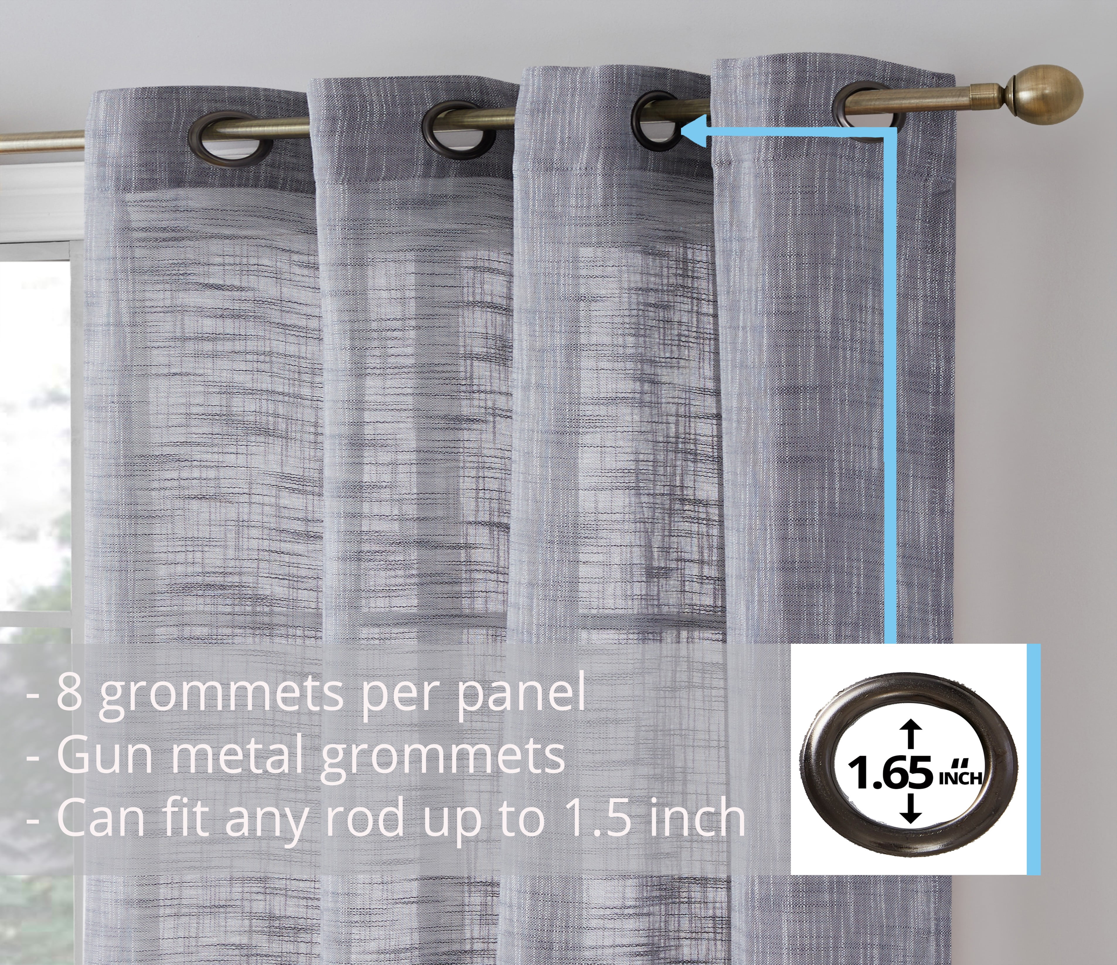 THD Harley Faux Linen Textured Semi Sheer Sun Light Filtering Window Grommet Curtain Panels, Set of 2 Panels