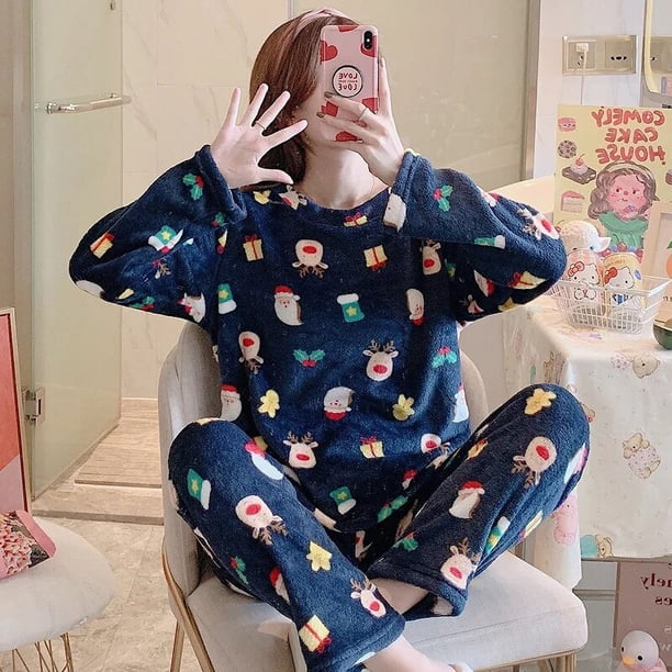 Conjunto de pijama de dibujos animados para mujer, ropa de dormir con Tops de manga larga y pantalones, traje de 2 piezas grueso para mantener el calor, otoño e invierno, 2022