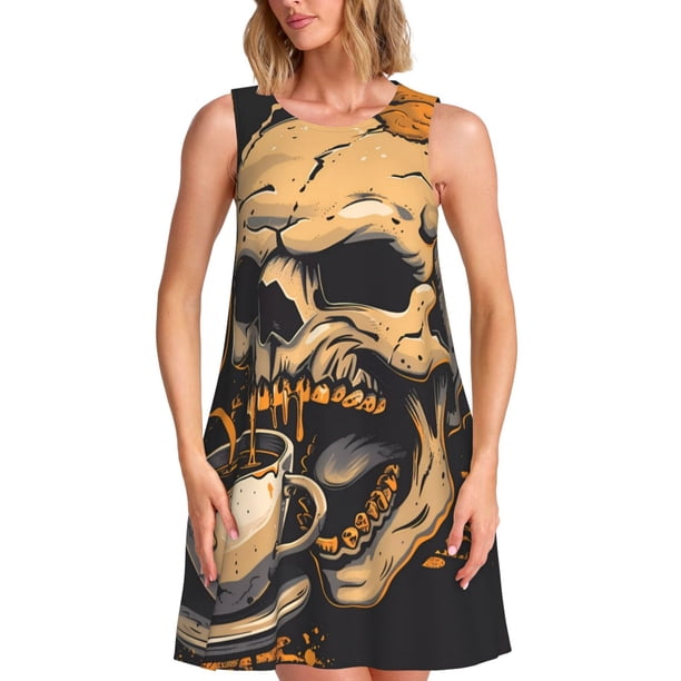 Balery Grim Coffee Skull Vestidos de verano para mujer con estampado: vestido holgado sin mangas, vestido playero informal y cómodo para días calurosos.