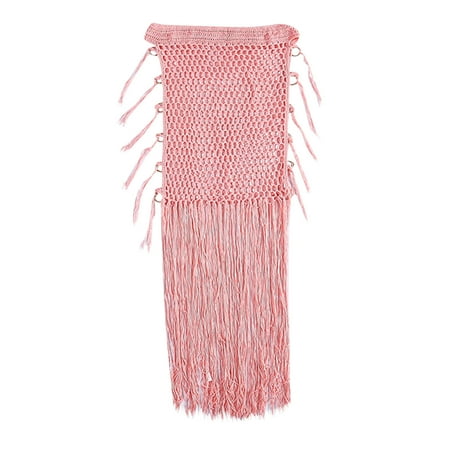 Mrat Solid Tie with Skirts Women Solid Swimsuit Bohemian Hollow Weave Long Tassels Cover up Bikini Swimwear Beach Cover-Ups Wrap Skirt Lightweight Flare Skirt S-89 Pink-A S