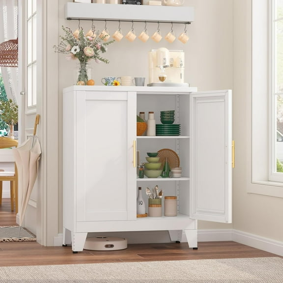 SAZYY Metal Pantry Storage Cabinet with 2 Doors and 2 Adjustable Shelves, Green Freestanding Hutch for Kitchen/Laundry/Living Room/Bedroom, 13.78"D x 27.56"W x 35.83"H White