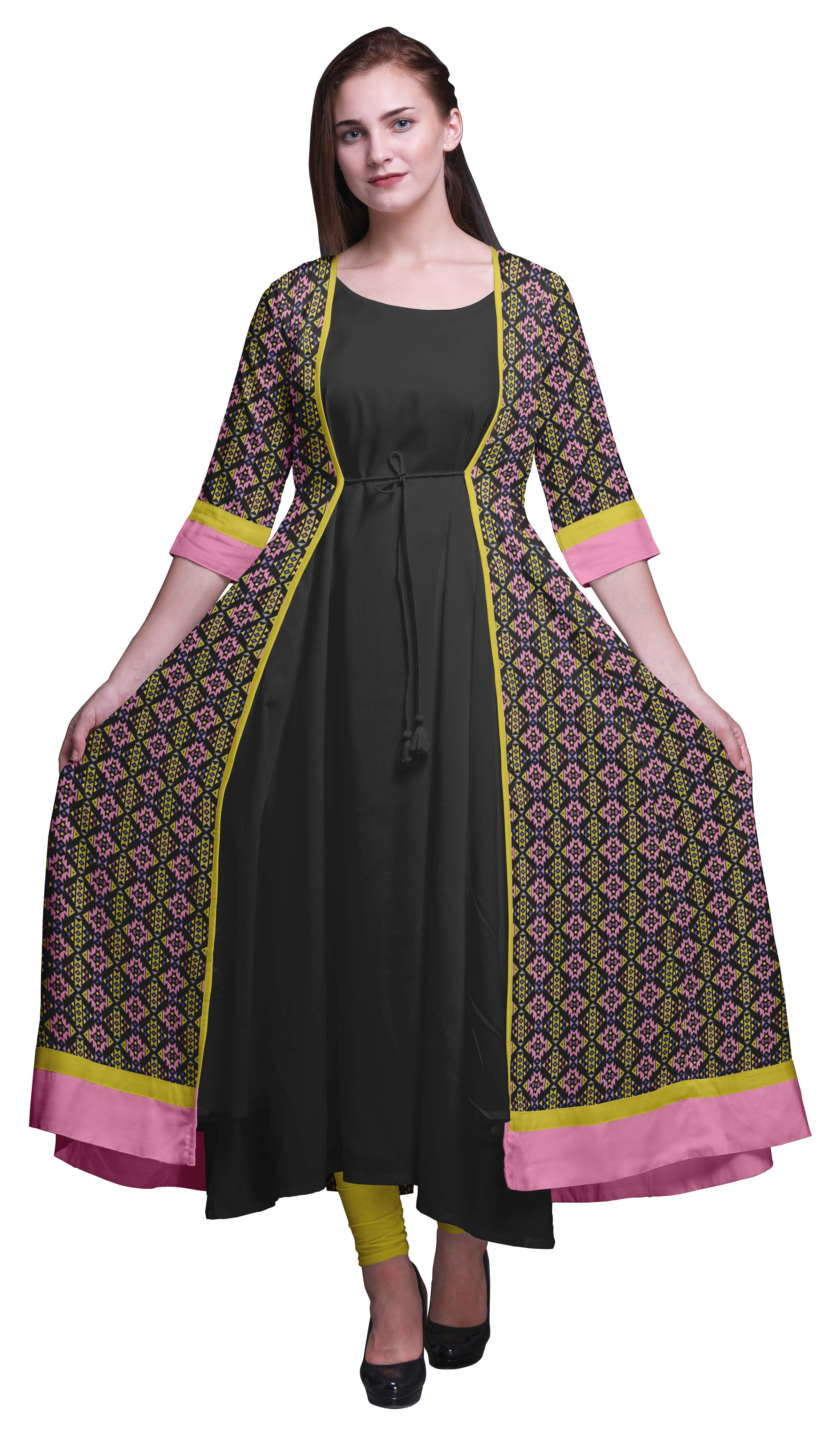 Bimba Printed Women's Anarkali Kurta Set - Sleeveless Long Kurti With Flared Jacket (Viscose Santoon)